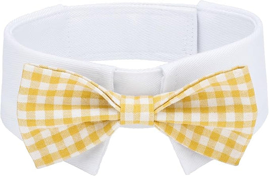 Segarty Dog Bow Tie, Adjustable Yellow Plaid Bowtie Collar for Neck Girth 10.2-12.6in, Medium Neck Tie Tuxedo Comfortable Cotton Boy Pet Grooming Accessory for Formal Wedding Holiday Birthday Party