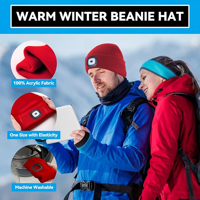 Beanie Hats with Light, USB Rechargeable LED Hand Free Headlamp, Ideal for Camping, Hiking, Fathers Day Dad Gifts, Birthday Gifts for Husband, Dad, Men, 2 Pack, Red