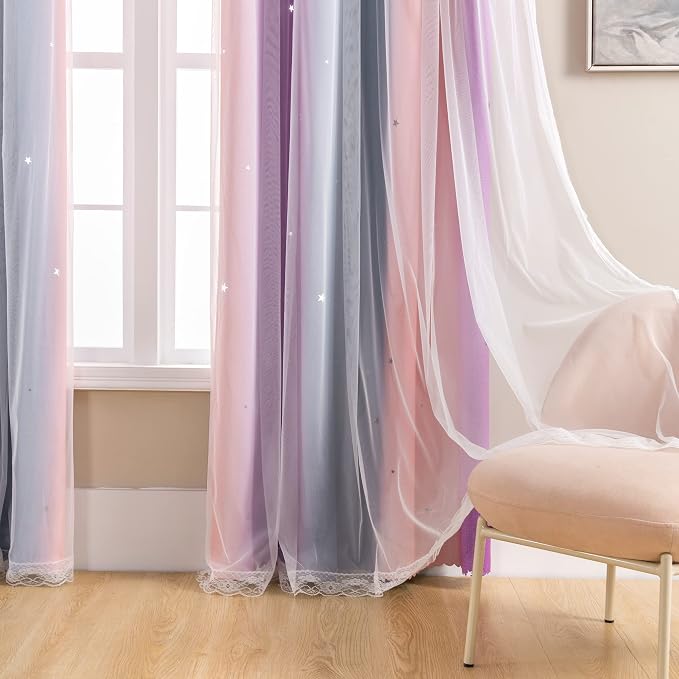 XiDi Curtains for Bedroom Decor, Rainbow GreyPinkPu-52-54