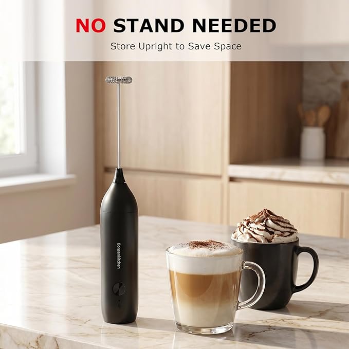 Bonsenkitchen Rechargeable Milk Frother Handheld, Electric Foam Maker with Stainless Steel Whisk, Charging USB-C, Portable Hand Wand Drink Mixer for Coffee Matcha Lattes Cappuccino, Kitchen Gifts