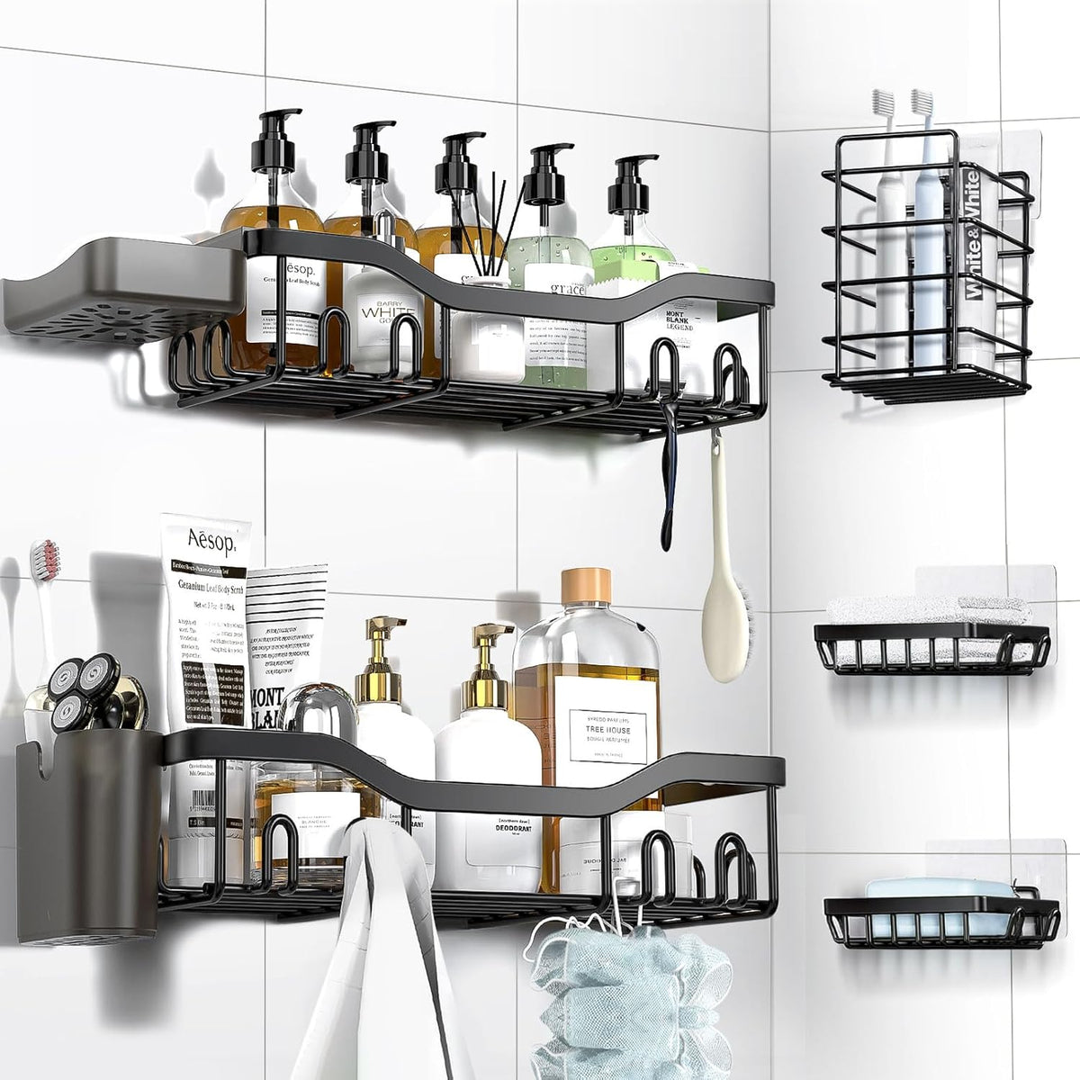 Shower Caddy Adhesive Shower Organizer 7-Pack, Rustproof Stainless Steel Bathroom Shelves, Large Capacity No-Drill Rack Storage Accessories with Soap Dish Toothbrush Holder &24 Hooks Home Decor