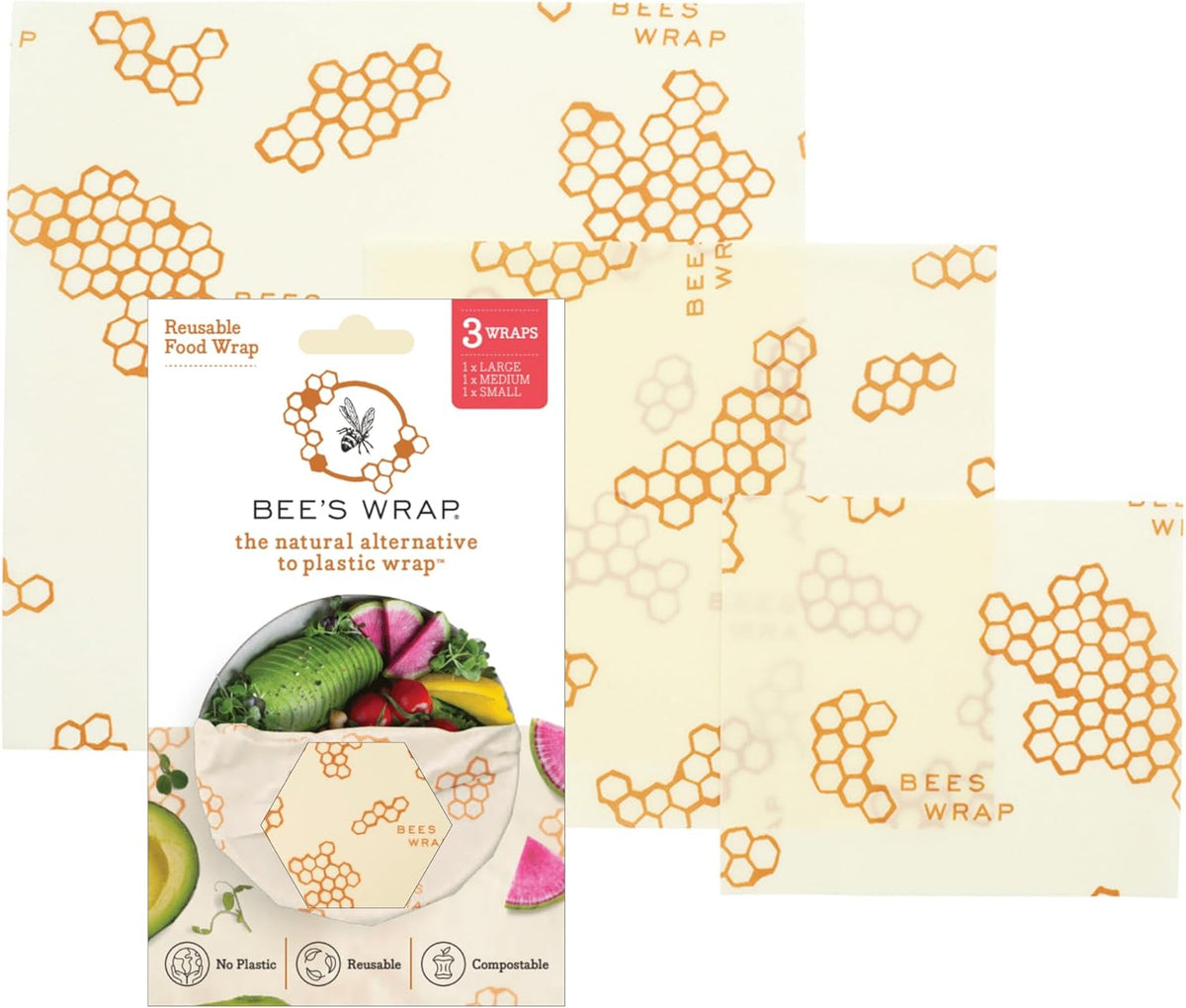 Bee's Wrap Beeswax Wraps for Food - Honeycomb 3 Pack (S, M, L) Made in USA Reusable & Organic Food Wraps, Sandwich Wrap & Bowl Covers - Eco-Friendly Alternative to Aluminum Foil & Plastic Wrap