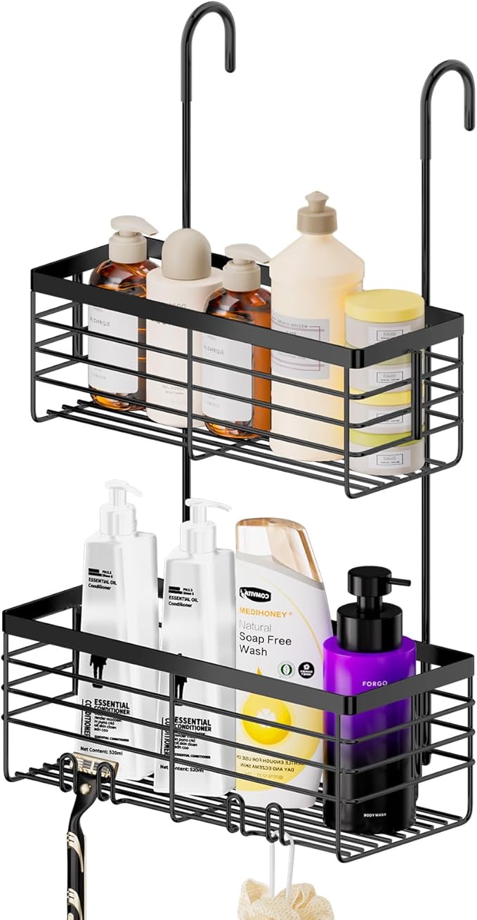 SHANSHUI Shower Hanging Caddy, Double Bathroom Showers Organizer Basket, Shampoo Bracket, Over Door Shower Rack with Hooks, 304 Stainless Steel Rustproof