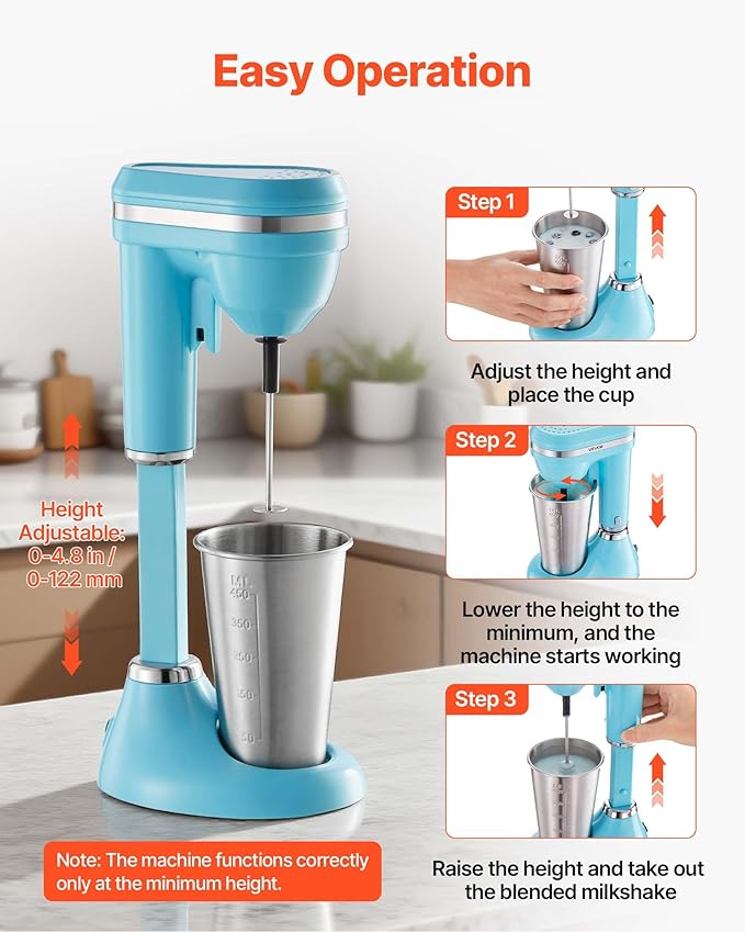 VEVOR Milkshake Maker, 100W Milk Shake Maker Mixer, Single Head Drink Mixer Blender Machine, Dual-Speed Adjustment Milkshake Blender with Stainless Steel Cup, for Home, Kitchen, Bar & Beverage Shop