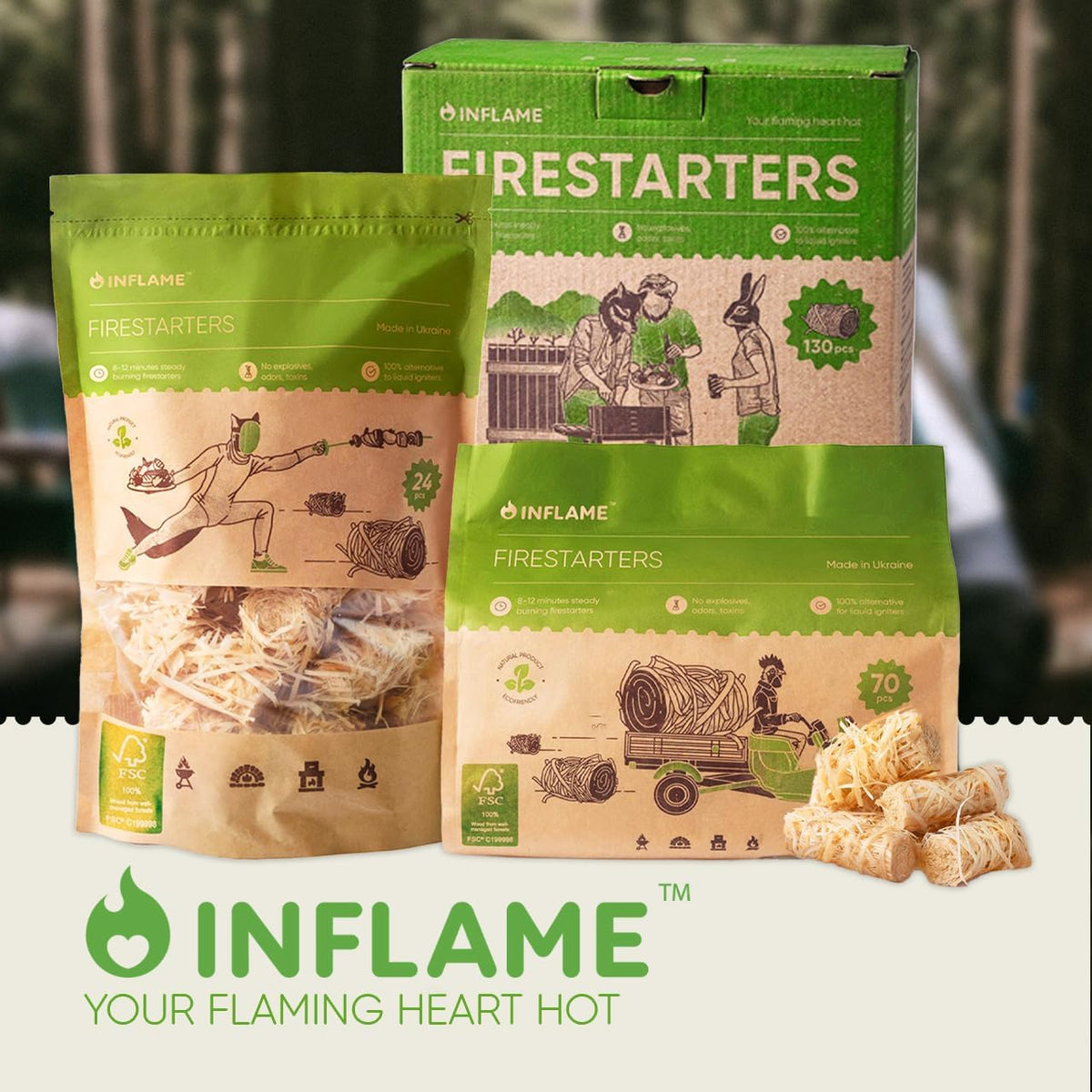 Inflame Fire Starters 130 pcs Fire Starters for Campfires, Grill, BBQ, Fireplace, Woodstove - Charcoal Starter - Waterproof, Weather-Resistant - Natural Wood Fireplace Starters
