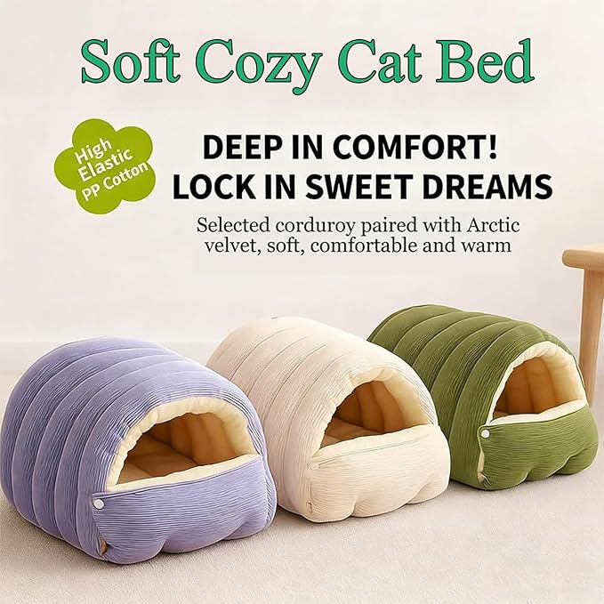 Expectation Cat Bed, Removable and Washable Winter Closed-Off Cat Bed, Soft Fluffy Warm Autumn/Winter Cats House, Washable Non-Slip Pet Sleeping Bag for Indoor Cats Small Dogs (Beige,Medium)
