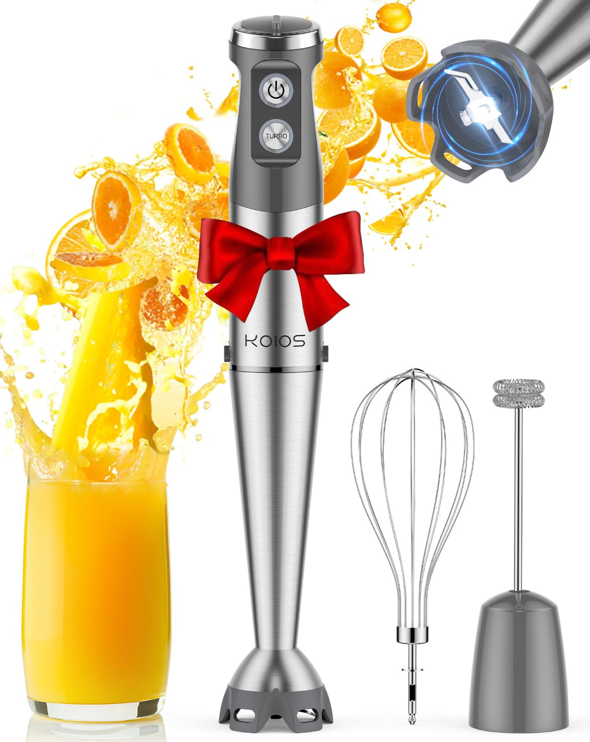 KOIOS Immersion Blender, 1000W Anti-scratch 3-in-1 Hand Blender, Upgraded 12 Speed Stainless Steel Blade Stick Blenders with Turbo Mode, Whisk and Milk Frother, Non-BPA