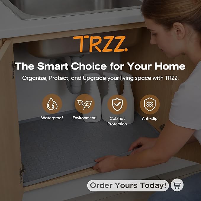 TRZZ Silicone Waterproof Under Sink Mat 22" x 19", Drip Tray and Cabinet Liner for Kitchen and Bathroom, Prevents Water Damage and Organizes Cabinets (Light Grey)