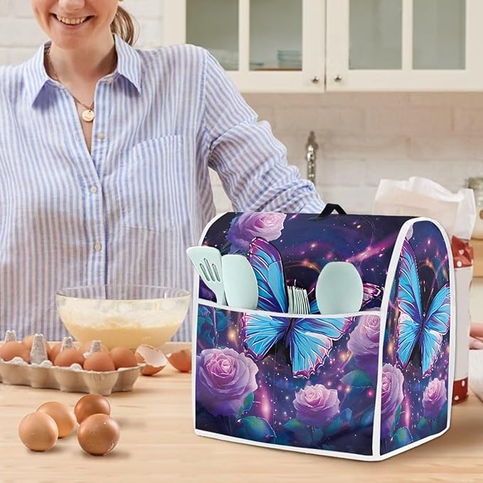 Purple Floral Hummingbird Kitchen Appliance Cover Compatible with 4.5-5 Qt Blenders Portable Stand Mixer Cover with Carrying Handle & Accessory Pockets for Countertops Decor