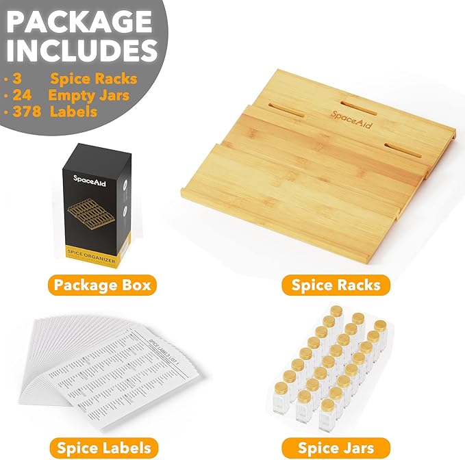 SpaceAid Bamboo Spice Drawer Organizer with 24 Spice Jars, 378 White Minimalist Spice Labels, 3 Tier Seasoning Rack Tray Insert for Kitchen Drawers, 15" Wide x 15" Deep x 2.6" Tall