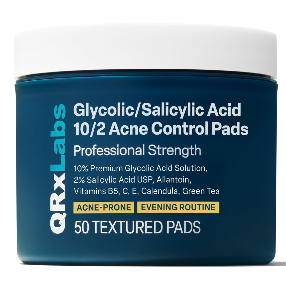 QRxLabs Salicylic & Glycolic Acid Pads (2% Salicylic & 10% Glycolic) - Acne Pads for Face & Bacne with Vitamins B5, C & E, Calendula & Green Tea - Face Exfoliator - 50 Count Jar