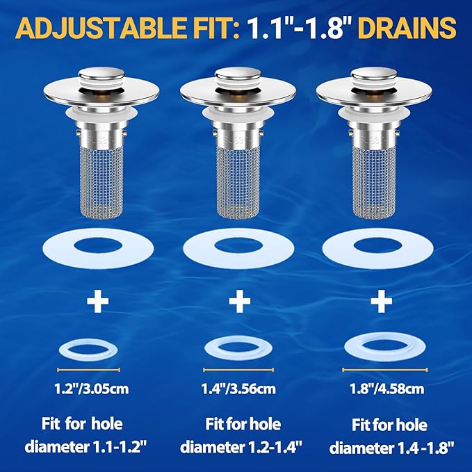 2PCS Bathroom Sink Stopper Strainer, Pop-Up Bathroom Sink Drain Strainer with Removable Stainless Steel Hair Catcher Basket, Universal Fit for US Bathroom Sinks, Bathtubs, Showers & Floor Drains