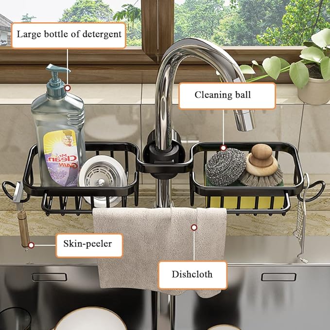 Kitchen Sink Caddy Organizer with Dish Towel Drying Rack & Hooks Over Faucet for Sink Organization (Double Towel Rack, Black)