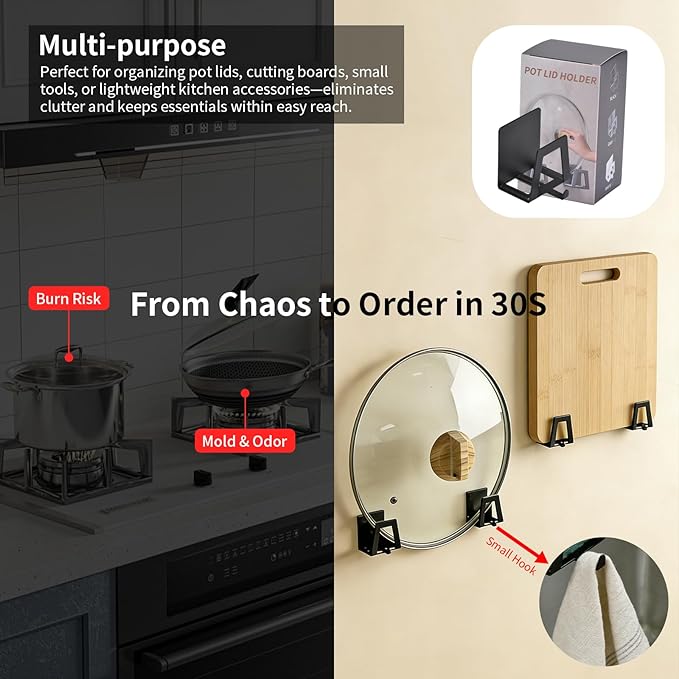 4 Pack Pot Lid Holders with Hook, Pot and Pan Hangers for Kitchen Inside Cabinet Wall Mount Rack Cabinet Door Lid Organizer, Save More Space, Black