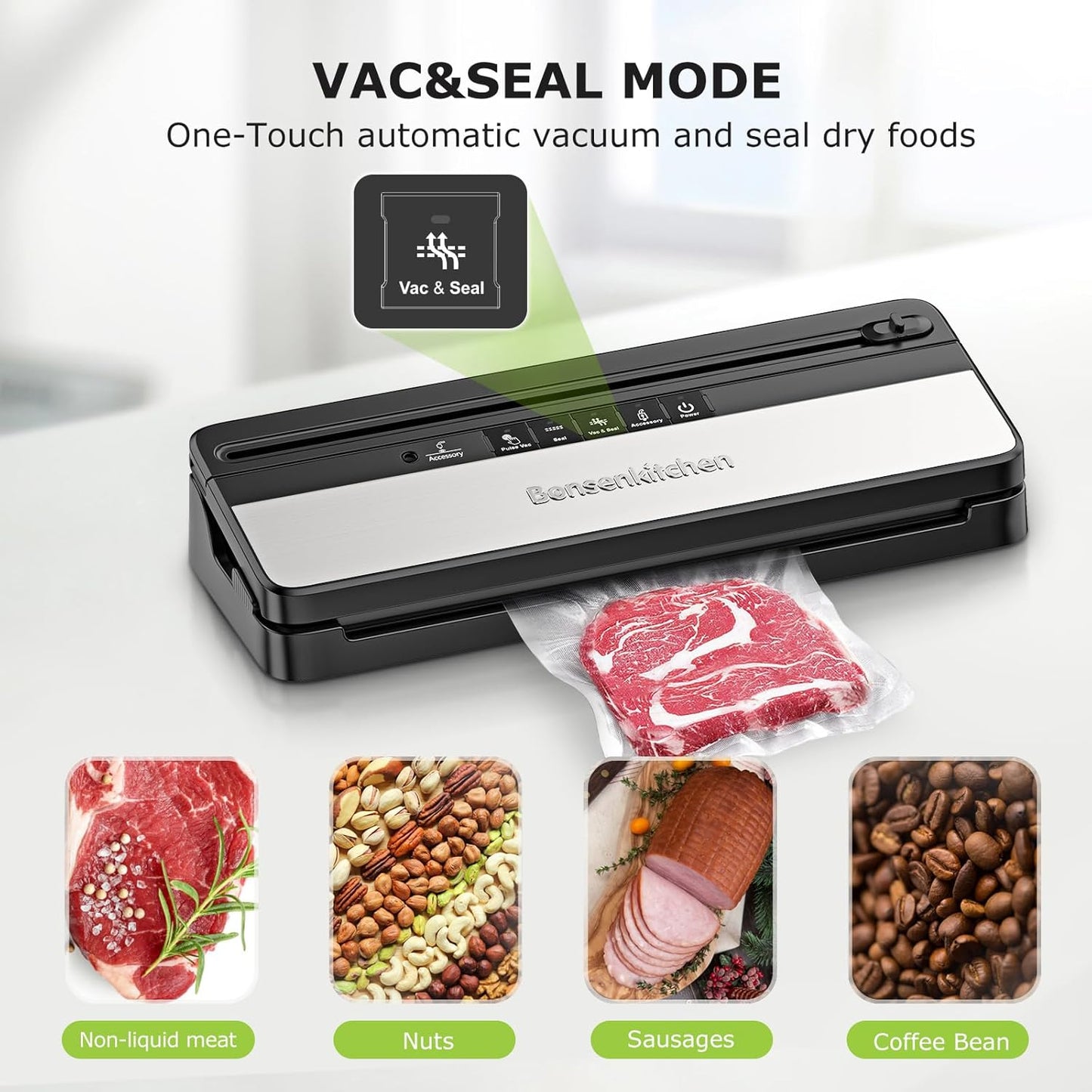 Bonsenkitchen Vacuum Sealer Machine, Multi-Functional Food Sealer with 50 Vacuum Bags & 1 Roll for Food Storage, Built-in Cutter, Black