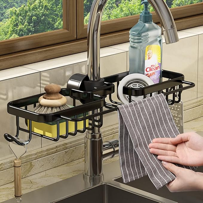 Kitchen Sink Caddy Organizer with Dish Towel Drying Rack & Hooks Over Faucet for Sink Organization (Double Towel Rack, Black)
