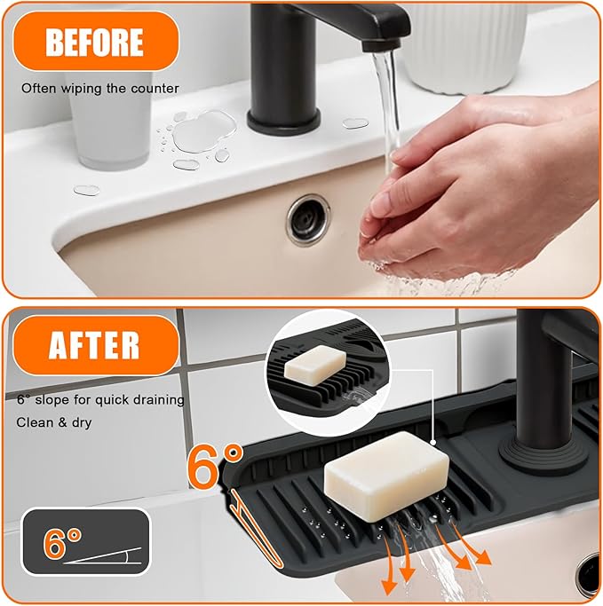 24" Silicone Faucet Mat for Kitchen Sink,7° Draining Mat with Snap Button Lock,Faucet Splash Guard and Sink Counter Organizer,Trim-to-Fit Kitchen Faucet Protector for Sponge Brush Cup