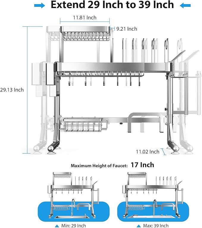 Over Sink Dish Drying Rack, Upgrade 2.5-Tier 304 Stainless Steel Dish Rack Adjustable Length with Pots and Pans Rack, Modern Over The Sink Dish Drainer Rack for Kitchen Storage Counter Organizer