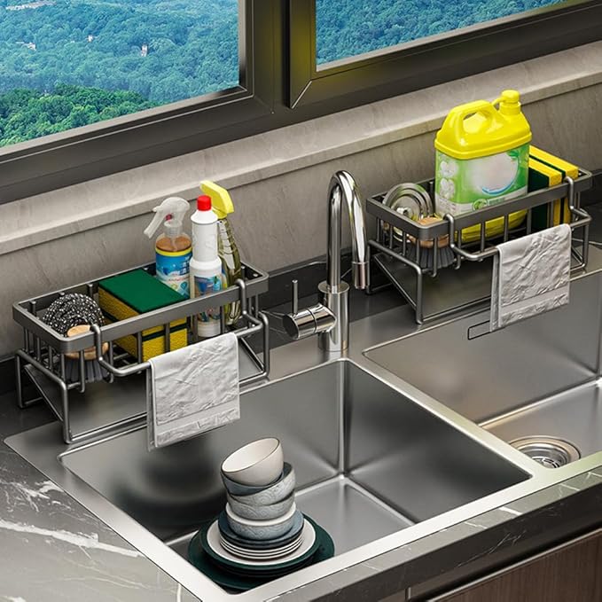 Sink Caddy Kitchen Sink Organizer, Sponge Holder for Kitchen Countertop for Dish Brush Gloves, Dish Cloth Hanger, Rustproof Kitchen Caddy with Drip Tray (White)