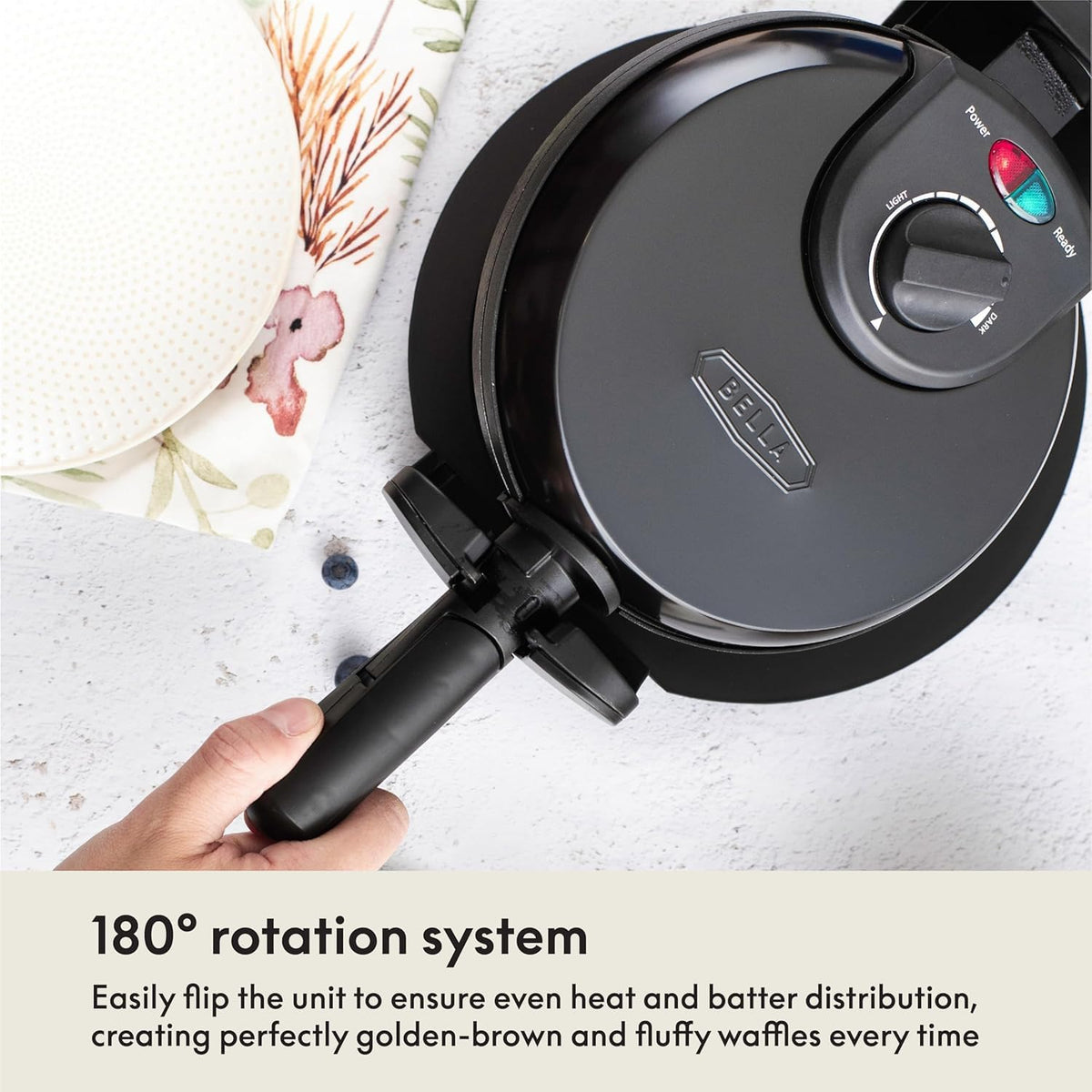 bella Classic Rotating Belgian Waffle Maker with Nonstick Plates, Removable Drip Tray, Adjustable Browning Control and Cool Touch Handles, Black