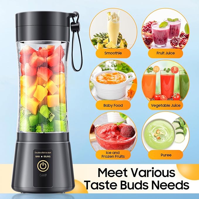 Portable Blender for Smoothies and Shakes - Cordless Personal Blender with 380Ml BPA Free Travel Cup, 6 Stainless Steel Blades for Powerful Blending, Suit for Sports/Travel/Home