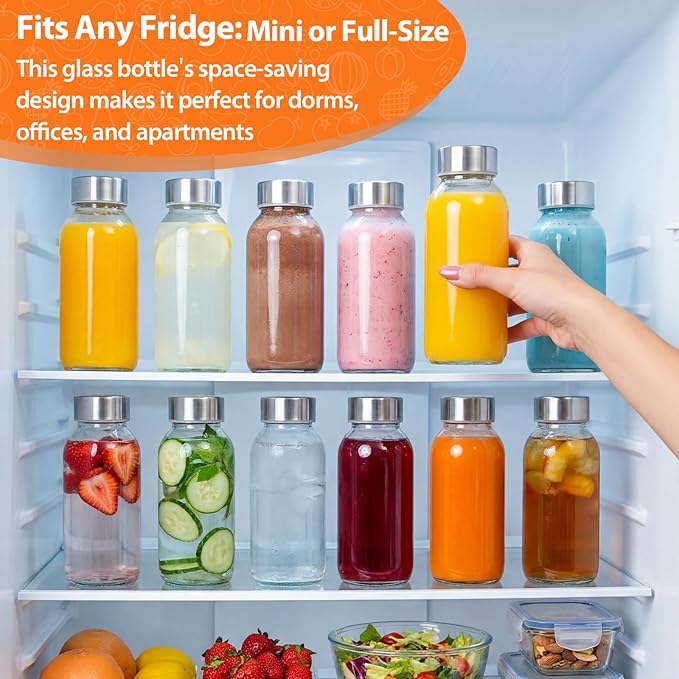 Luxfuel 8 oz Glass Water Bottles with Lids, 16 Pack Small Glass Juice Bottles with Stainless Steel Caps & Funnel, Leak-Proof Containers for Juicing, Milk, Ginger Shots, Smoothies, Wellness Drinks