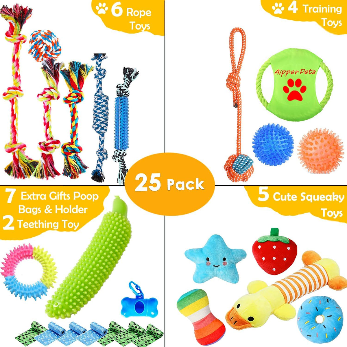 Dog Toys 25 Pack for Fun and Teeth Cleaning, Puppy Chew Toys Pack with Squeak Plush Toy,Squeaky Toy Balls,Tug of War and Rope Toys for Puppy to Small Dogs