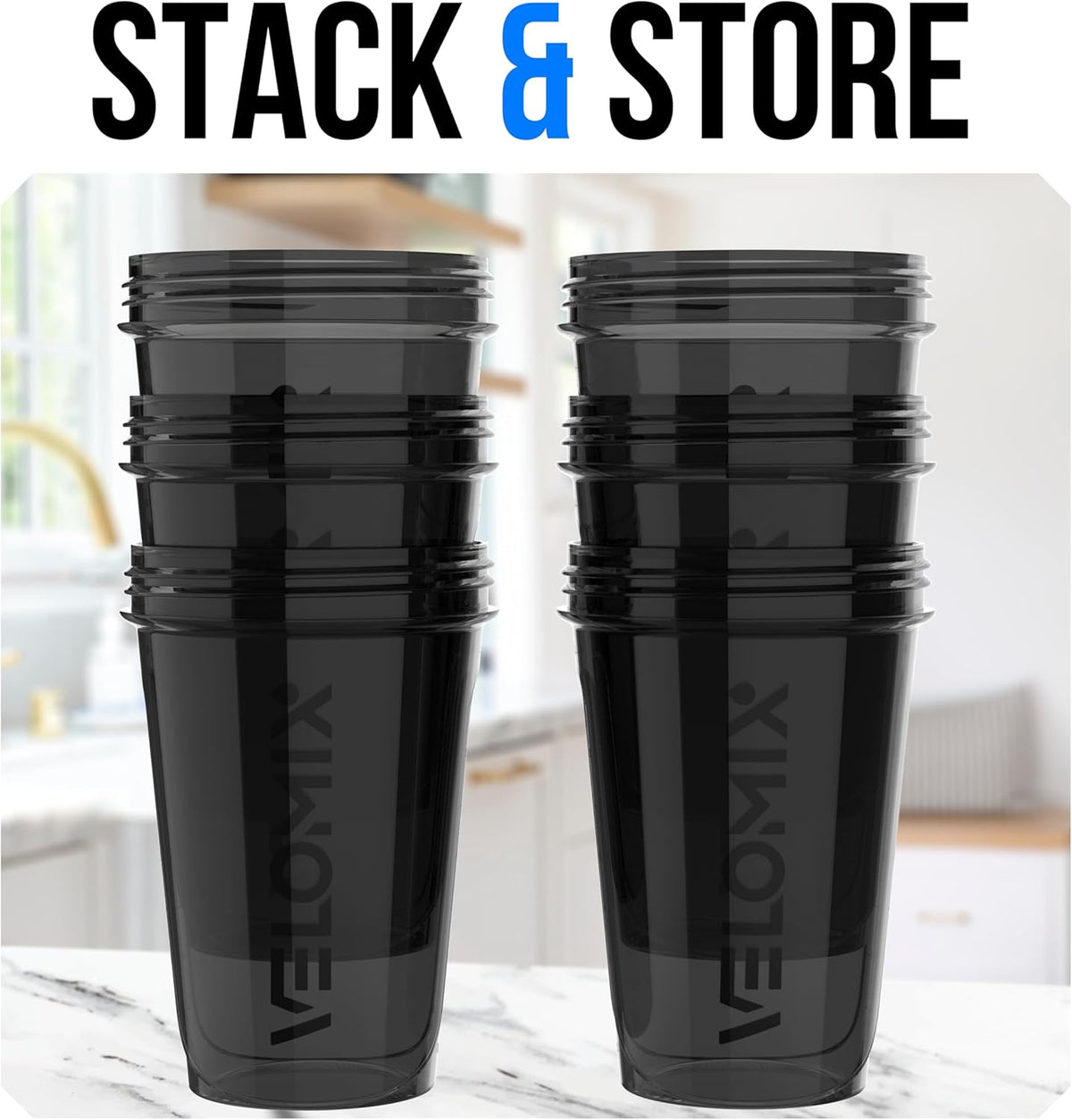VELOMIX -6 PACK- Shaker Cups for Protein Shakes 20 oz - 6x Wire Whisk | Leak Proof Protein Shaker Bottle for Protein Shakes, Shaker Bottle Pack for Pre & Post Workout, Shaker Cup (ALL IN BLACK)