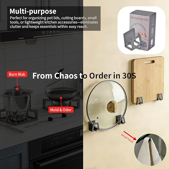 12 Pack Pot Lid Holders with Hook, Pot and Pan Hangers for Kitchen Inside Cabinet Wall Mount Rack Cabinet Door Lid Organizer, Save More Space, Grey