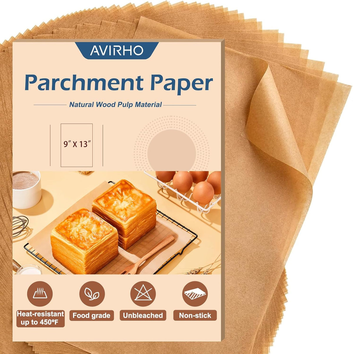 Unbleached Parchment Paper Baking Sheets, 9x13IN Precut Non-Stick Parchment Paper for Baking, Grilling, Air Fryer, Steaming-70 Sheets Unbleached Parchment Sheets for Bread Cup Cake Cookie And More