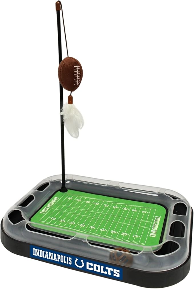 Pets First Cat Catnip Pets First Indianapolis Colts Football Field CAT Scratcher Toy with Catnip Filled Plush Football Toy&Feather Cat Toy Hanging.Jingle Bell Interactive Ball Chasing 5-in-1 Kitty Toy