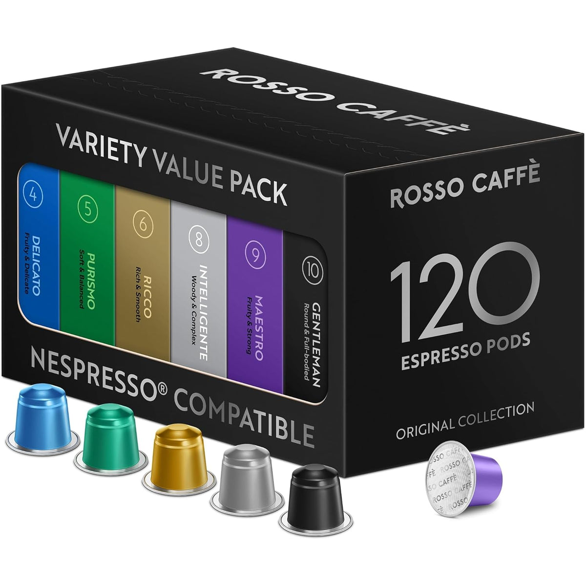 ROSSO CAFFÈ 120 Espresso Coffee Pods for Nespresso Original Machines, Premium Capsules, Variety Value Pack 6 Flavors, Rich Breakfast to Intense Roasts