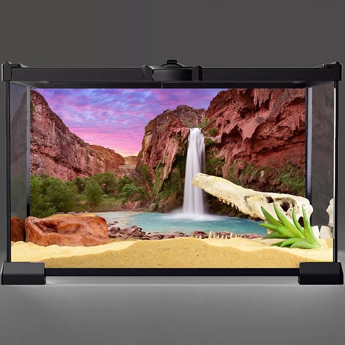 AWERT 30x12 inch Reptile Habitat Background Sunset Mountain Waterfall Terrarium Background Durable Polyester Background