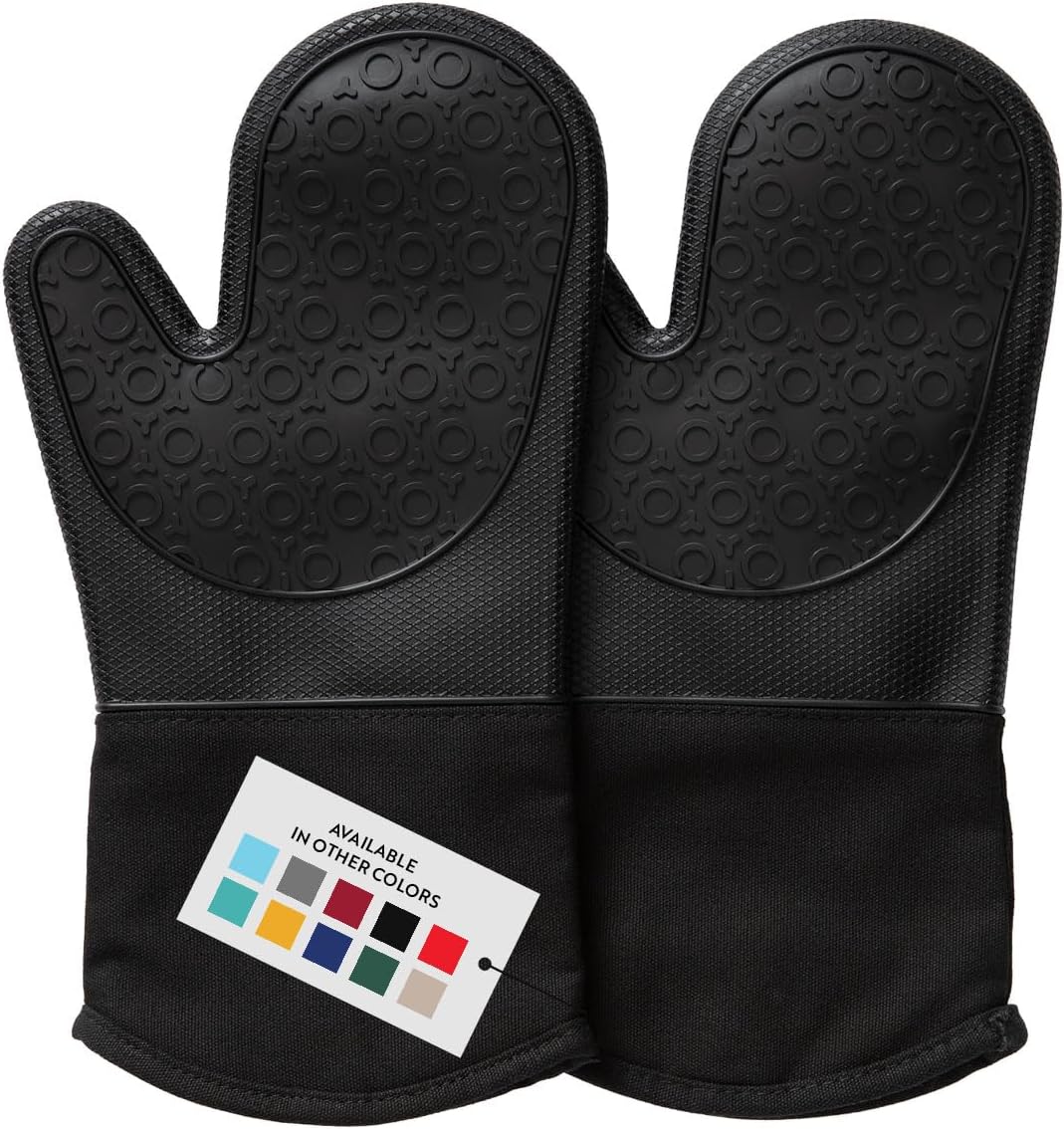 BPA-Free Silicone Oven Mitts Ultra Heat Resistant up to 500°F - Oven Mitts with Thick Cotton Liner - Long Slip Resistant Pot Holders, Flexible Oven Gloves - Black 13.7"