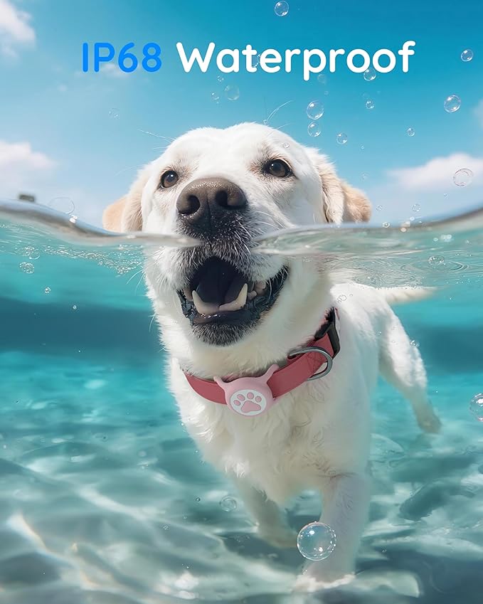 IP68 Waterpoof Dog Airtag Holder, Stretchy Silicone Full Body Covered Apple Air Tag Holder for Dog Cat Collar Fit All Width Collar (Pink/Red, 2 Pack)
