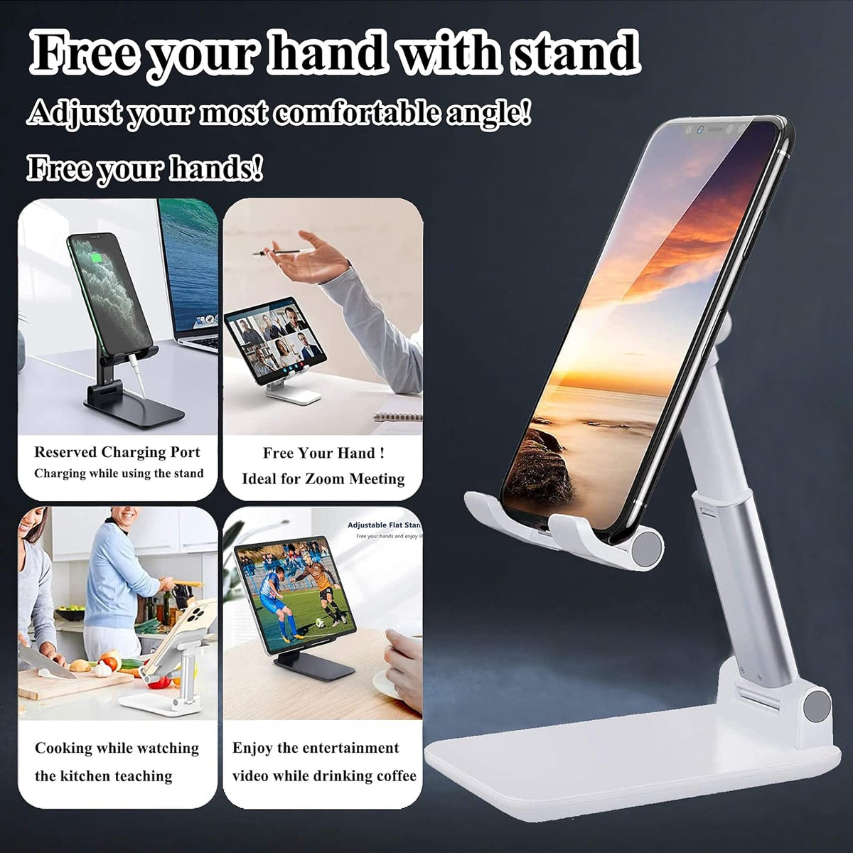 2 Pcs Cell Phone Stand, Adjustable Angle Height Phone Stand for Desk, Fully Foldable/Portable Phone Holder, Compatible for iPhone 16/15/14/13/12/Smartphones