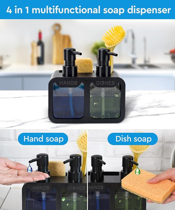 Kitchen Hand Soap and Dish Soap Dispenser Set, Dual Soap Dispenser with Sponge Caddy and Brush Holder 4-in-1 Organizer for Kitchen Sink Countertop, Useful Kitchen Gadgets - Black