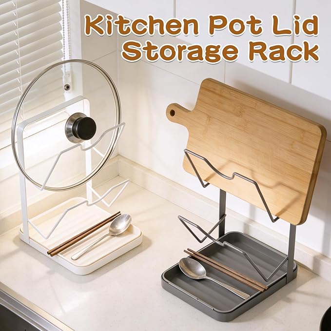 Kitchen Pot Lid Storage Rack, Pot Lid Organizer, Stainless Steel Pot Lid Holder while Cooking, Multifunctional Kitchen Pot Cover Organizer for Countertop (Black)