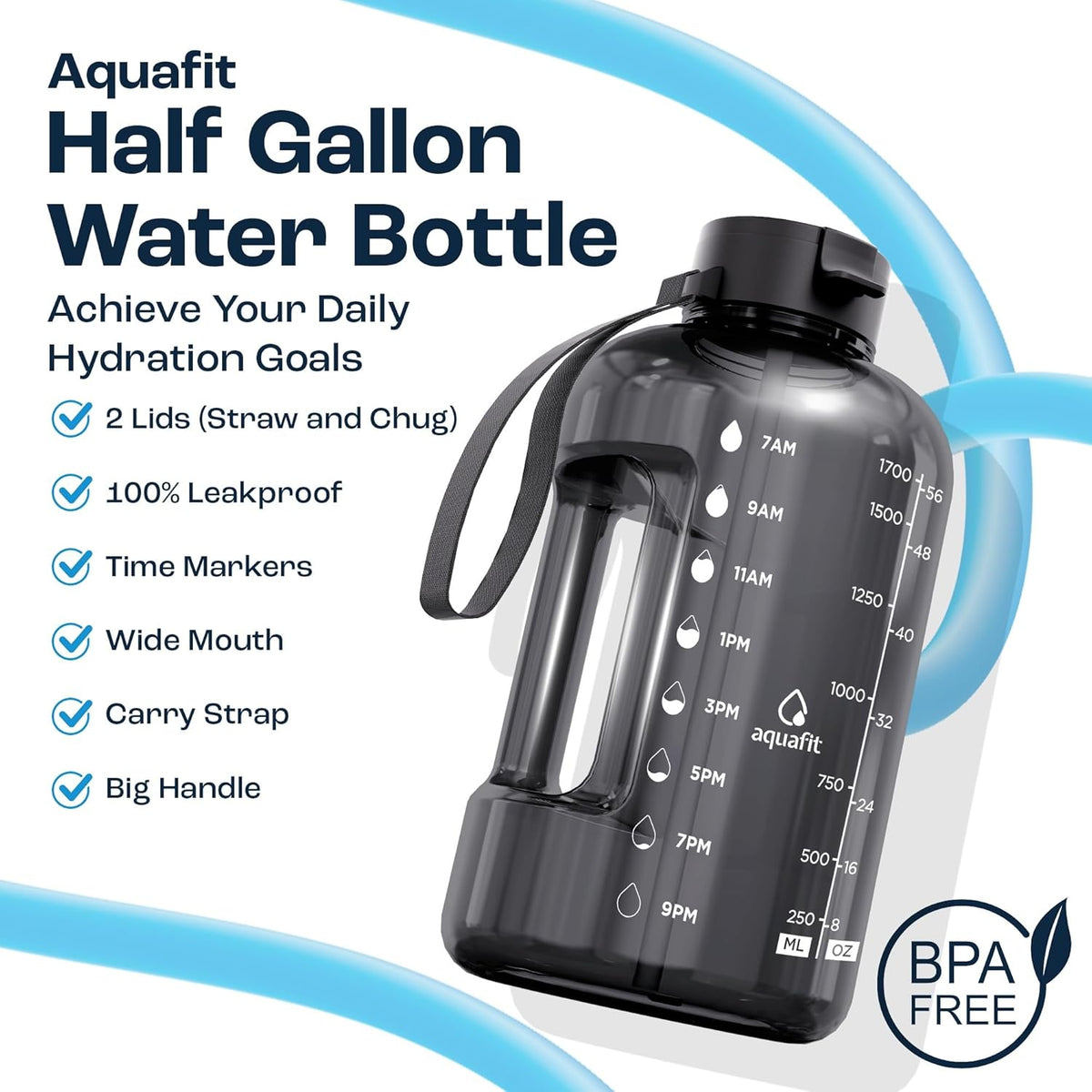AQUAFIT 64 oz Water Bottle with Time Marker - Straw & Chug Lid - BPA Free Half Gallon Gym Water Bottle with Handle - Big Gallon Jug (Gray, 64 Ounces)