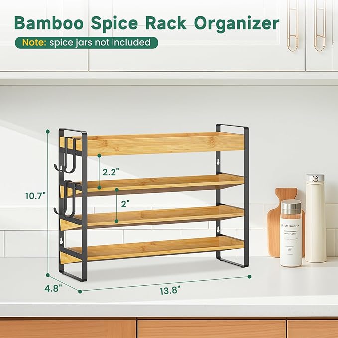 EsLuker.ly Spice Seasoning Rack Organizer Kitchen Countertop, 4 Tier Bamboo Spice Shelf Holder Storage with 4 Hooks, Wall Mounted Freestanding Stand for Pantry, Quick Spice Access(Jars Not Included)