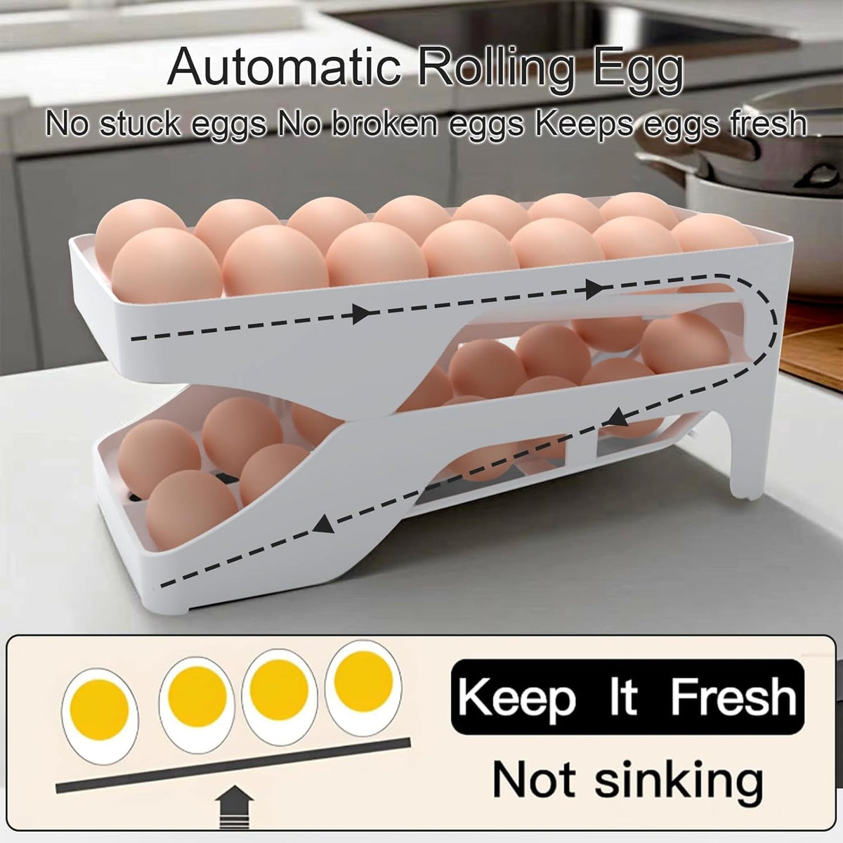 Egg dispenser for refrigerator, Automatic rolling egg holder for fridge, Space saving, Holds 28 Eggs, For kitchen,cabinets,table,refrigerator