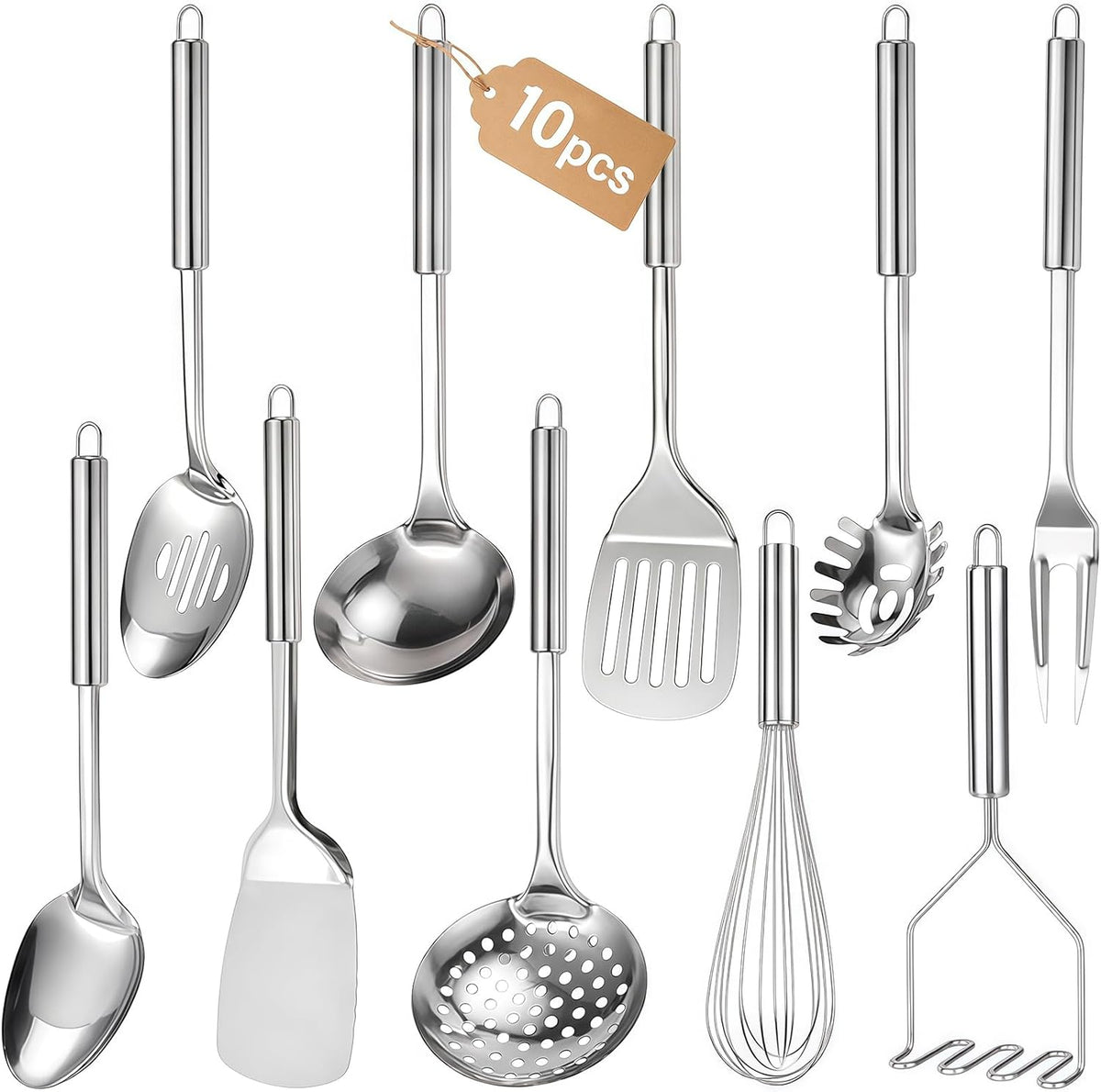 Stainless Steel Kitchen Utensils Set, 10 PCS Stainless Steel Utensils Set for Cooking, Heat Resistant Spatula Cooking Utensils Set with Turners, Serving Spoon, Ladle, Skimmer, Pasta Fork