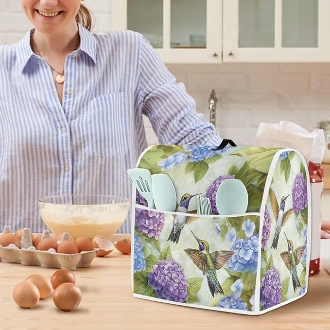 Hummingbird Floral Mixer Covers for Stand Mixer 4.5-5 Qt Easy Clean Kitchen Appliance Dust Cover with Top Handle and Accessory Pocket Oil-Resistant Keep Kitchen Clean and Tidy