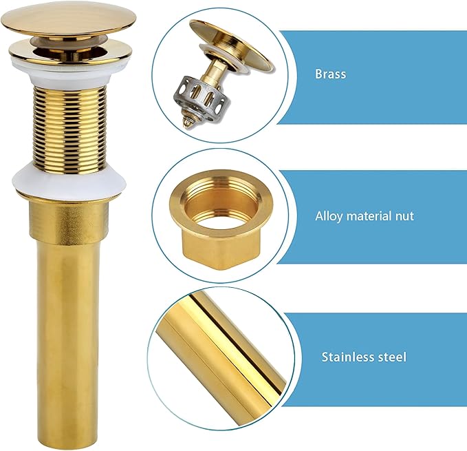 Rockgoya Bathroom Sink Drain, Gold Drain Stopper Bathroom Sink Without Overflow,Pop Up Drain Assembly with Detachable Strainer Basket,Built-in Anti-Clogging Strainer,Stainless Steel
