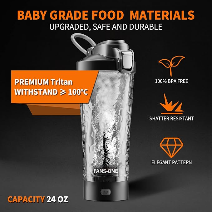 FANS-ONE Premium Electric Protein Shaker Bottle, 24 oz Lockable Blender Shaker Bottles, Made with Tritan, BPA Free, USB Rechargeable Mixer Blender Cup for Protein Shakes, Black