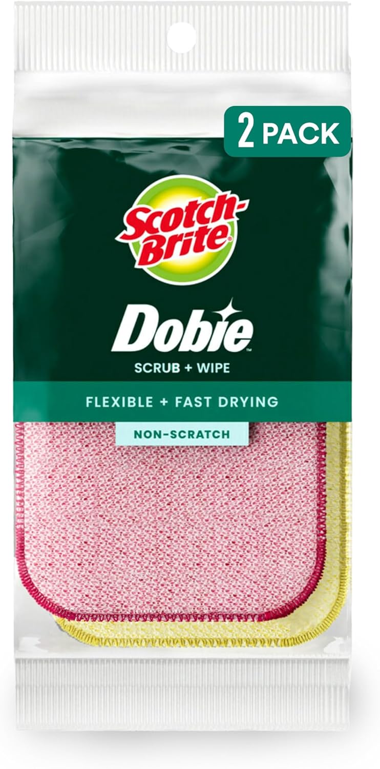 Scotch-Brite Dobie Scrub & Wipe Cloths, Sponge Cloths for Cleaning Kitchen, Bathroom, and Household, Dobie Scrub and Wipe Cloth Absorbs and Doesn't Scratch, 2 Cleaning Cloths