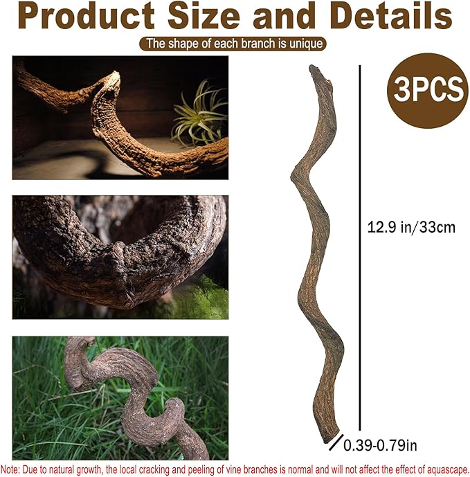 Reptile Decor Natural Forest Branch Terrarium Habitat Decoration Lizard Climbing Tree Branch for Bearded Dragon Gecko Snake Frog Chameleon Spider 3PCS