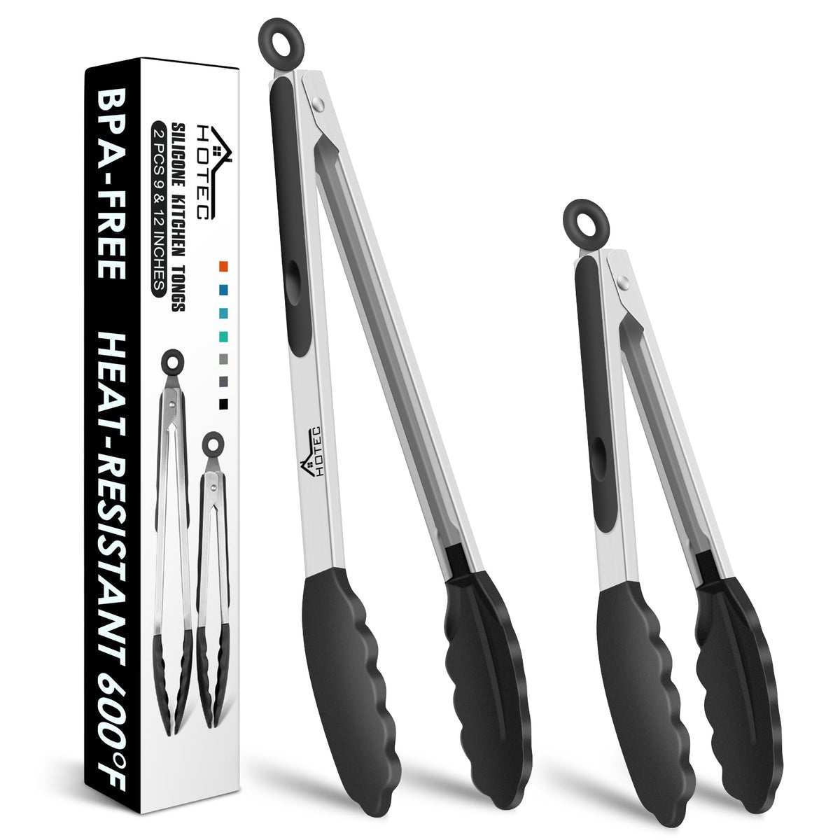 HOTEC Premium Stainless Steel Locking Kitchen Tongs with Silicon Tips, Set of 2-9" and 12"
