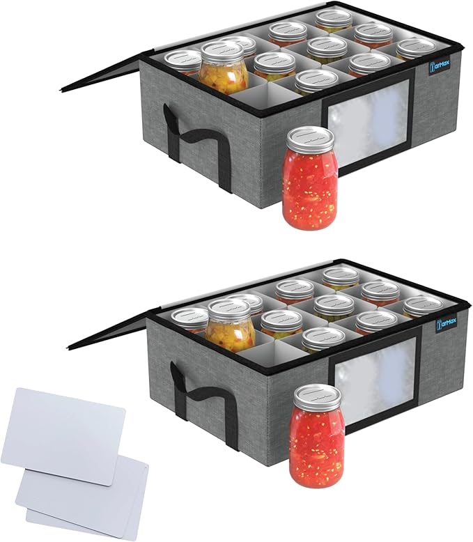 2Pk 16 oz Pint Mason Jar Organizer, Sturdy Pantry Canning Jar Storage Containers, Holds 12 Pint Size Ball Mason Jars, Foldable Canning Organizer, Stackable Home Storage Box w/Lid & Label holder