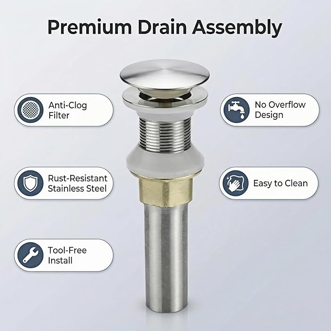 Bathroom Sink Drain, Drain Stopper Bathroom Sink Without Overflow, Assembly with Detachable Strainer Basket, Built in Anti Clogging Pop Up Drain Strainer, Stainless Steel Brushed Nickel 1Pcs
